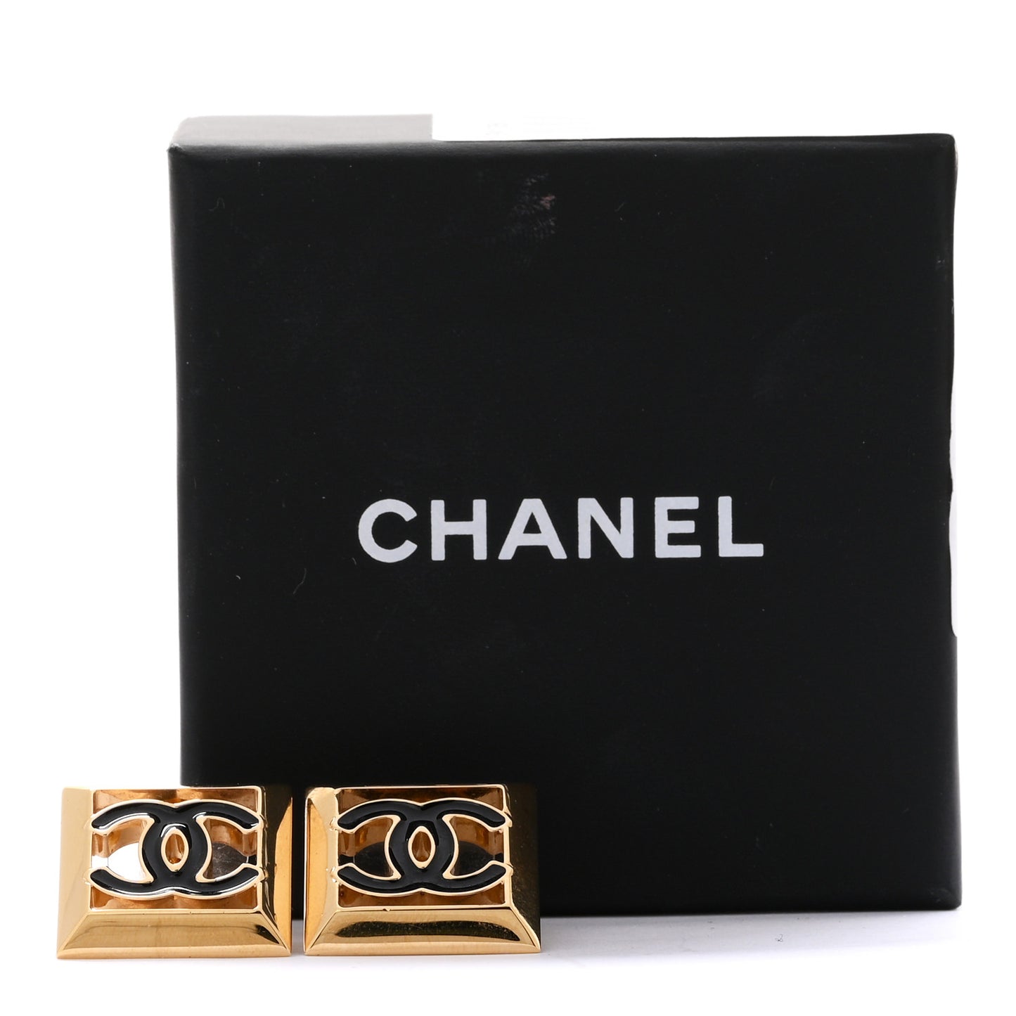 Metal Enamel CC Square Earrings Gold Black