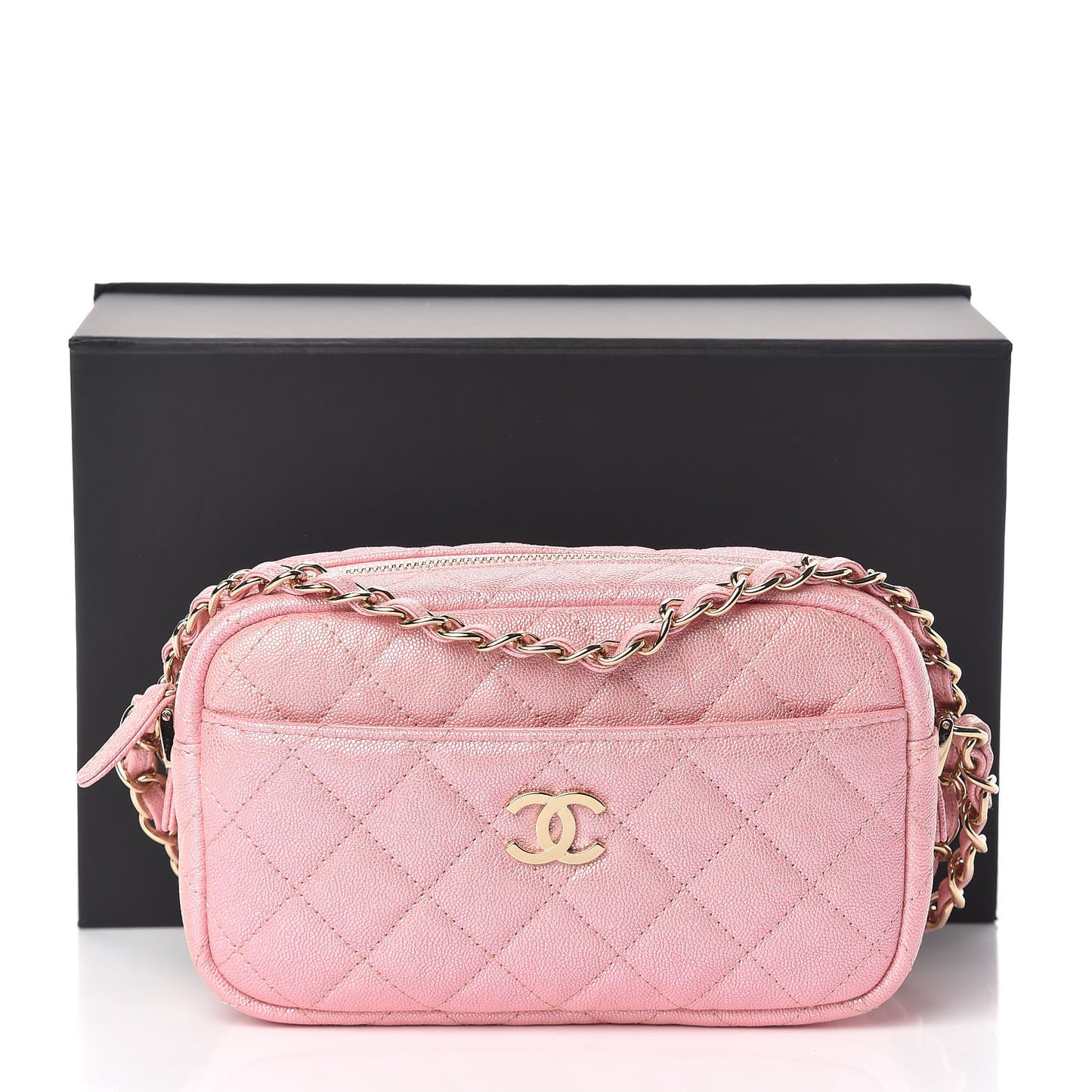 Iridescent Caviar Quilted Small Timeless Camera Case Pink