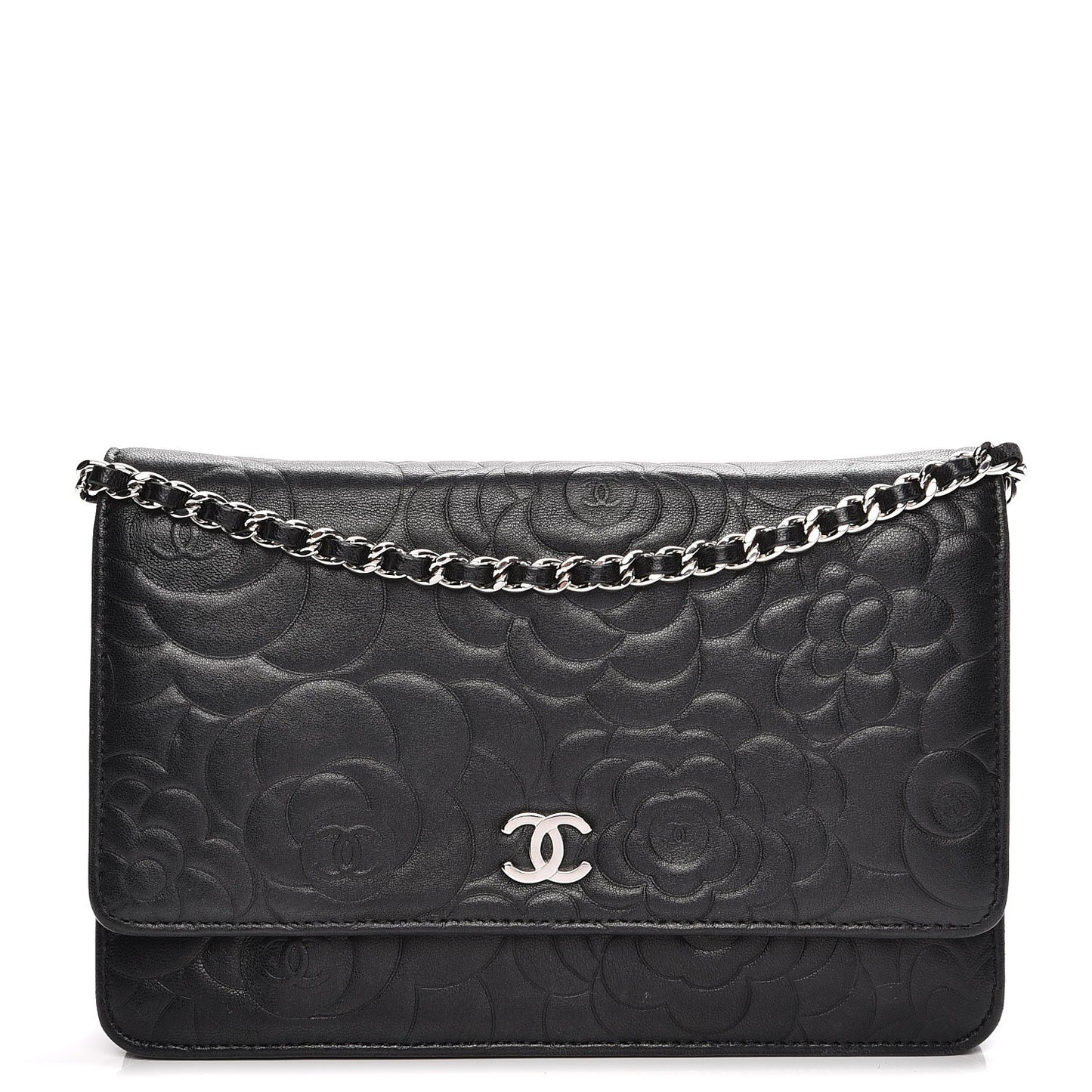 Lambskin Camellia Embossed Wallet On Chain WOC Black