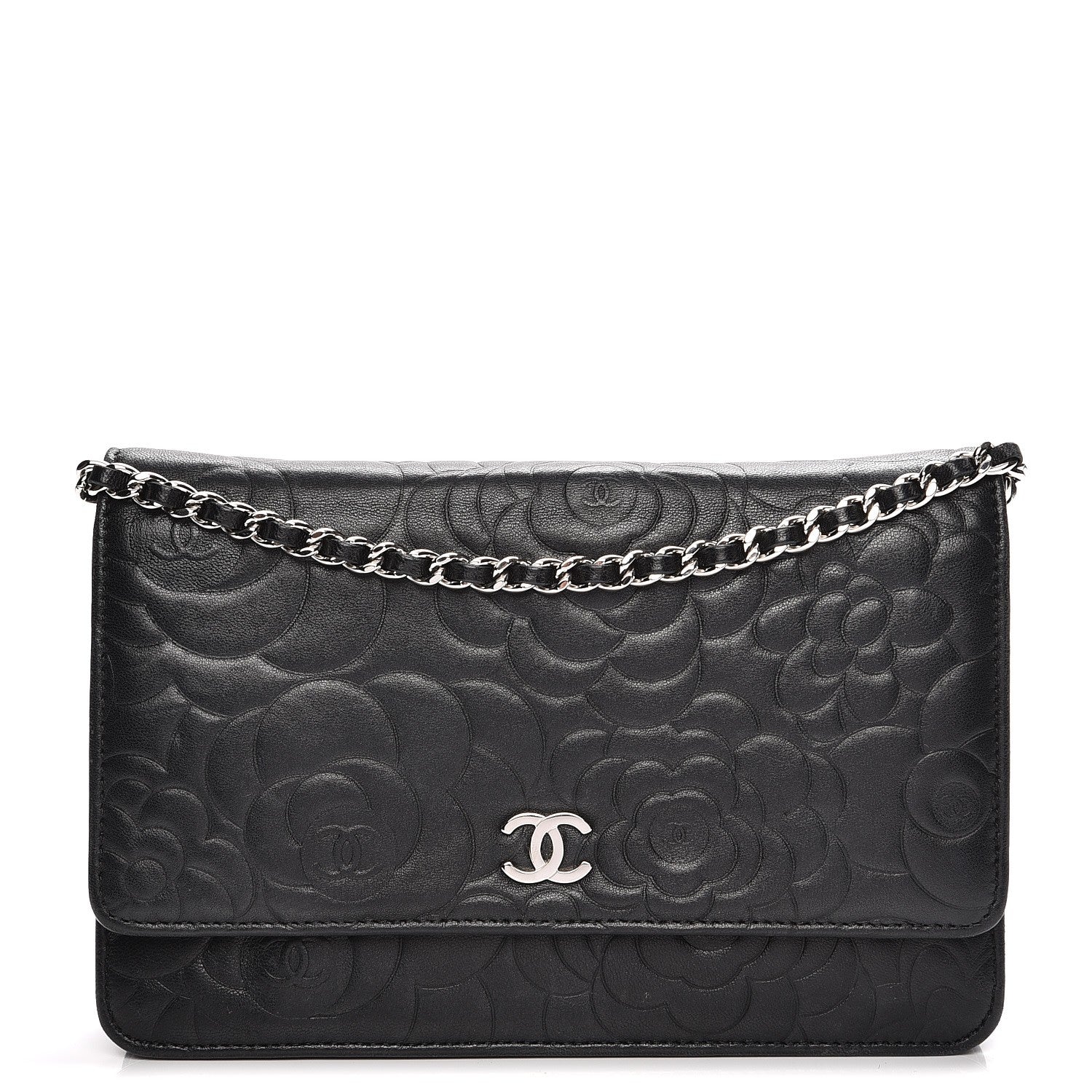 Chanel Lambskin Camellia Embossed Wallet On Chain WOC Black 1 of 10
