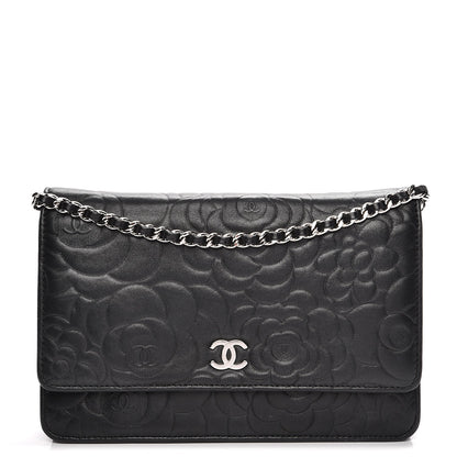 Chanel Lambskin Camellia Embossed Wallet On Chain WOC Black 1 of 10