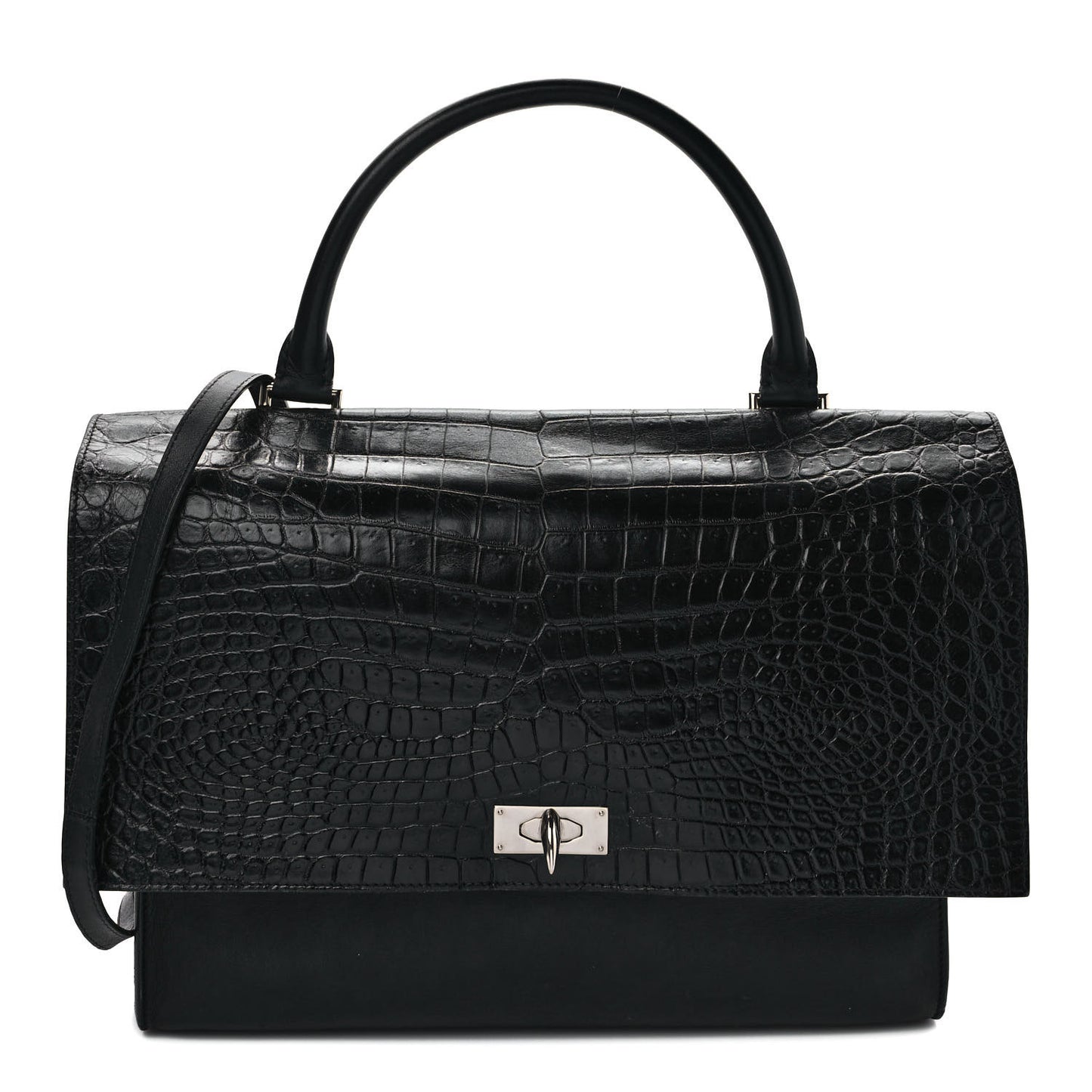 Calfskin Crocodile Embossed Medium Shark Lock Satchel Black