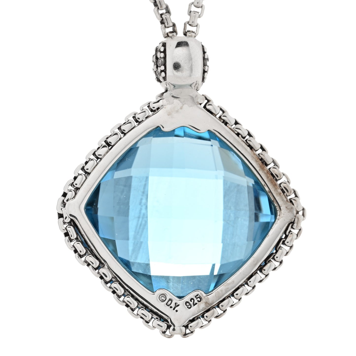 Sterling Silver Diamond Blue Topaz 20mm Cushion on Point Drop Pendant Necklace