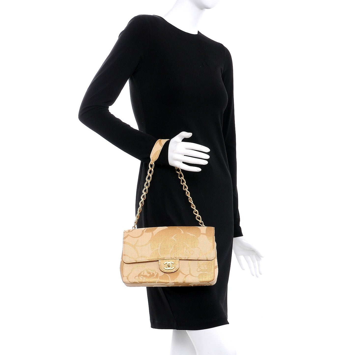 Woven Straw Camellia Print Medium Single Flap Gold