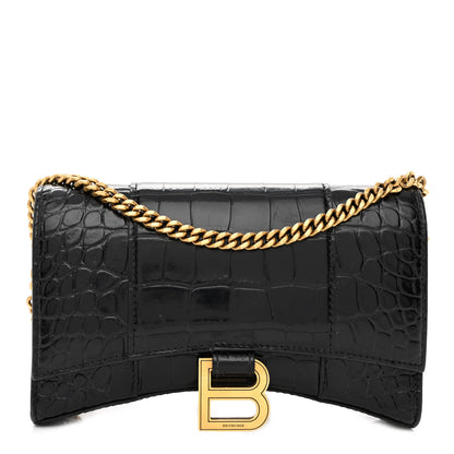 Balenciaga Shiny Calfskin Crocodile Embossed Hourglass Chain Bag Black 1 of 11