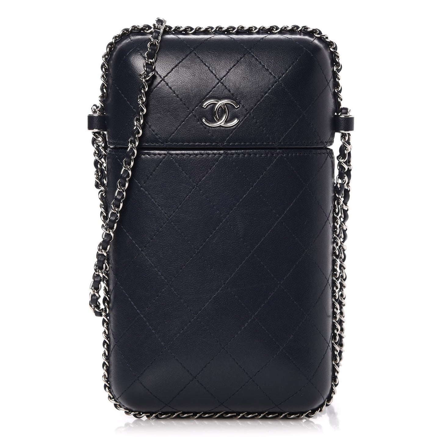 Lambskin Quilted Chain Around Phone Holder Navy