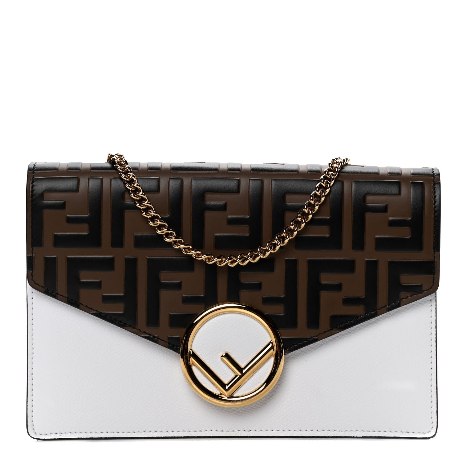 Fendi Vitello Cruise F is Fendi FF 1974 Embossed Medium Envelope Wallet On Chain Optical White Maya Black 1 of 16
