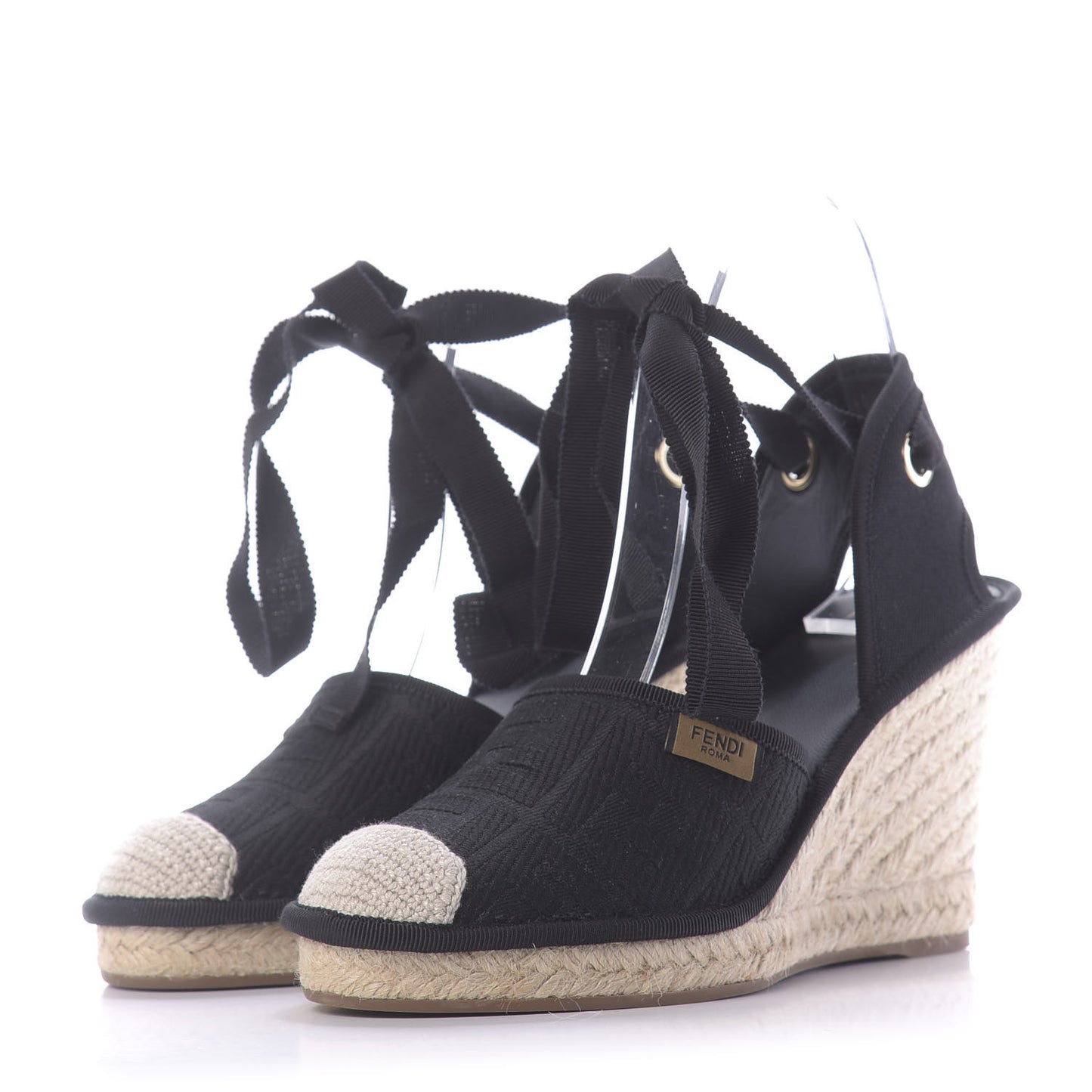 Canvas FF Embroidered Roma Ankle Wrap Espadrille Wedges 38 Black