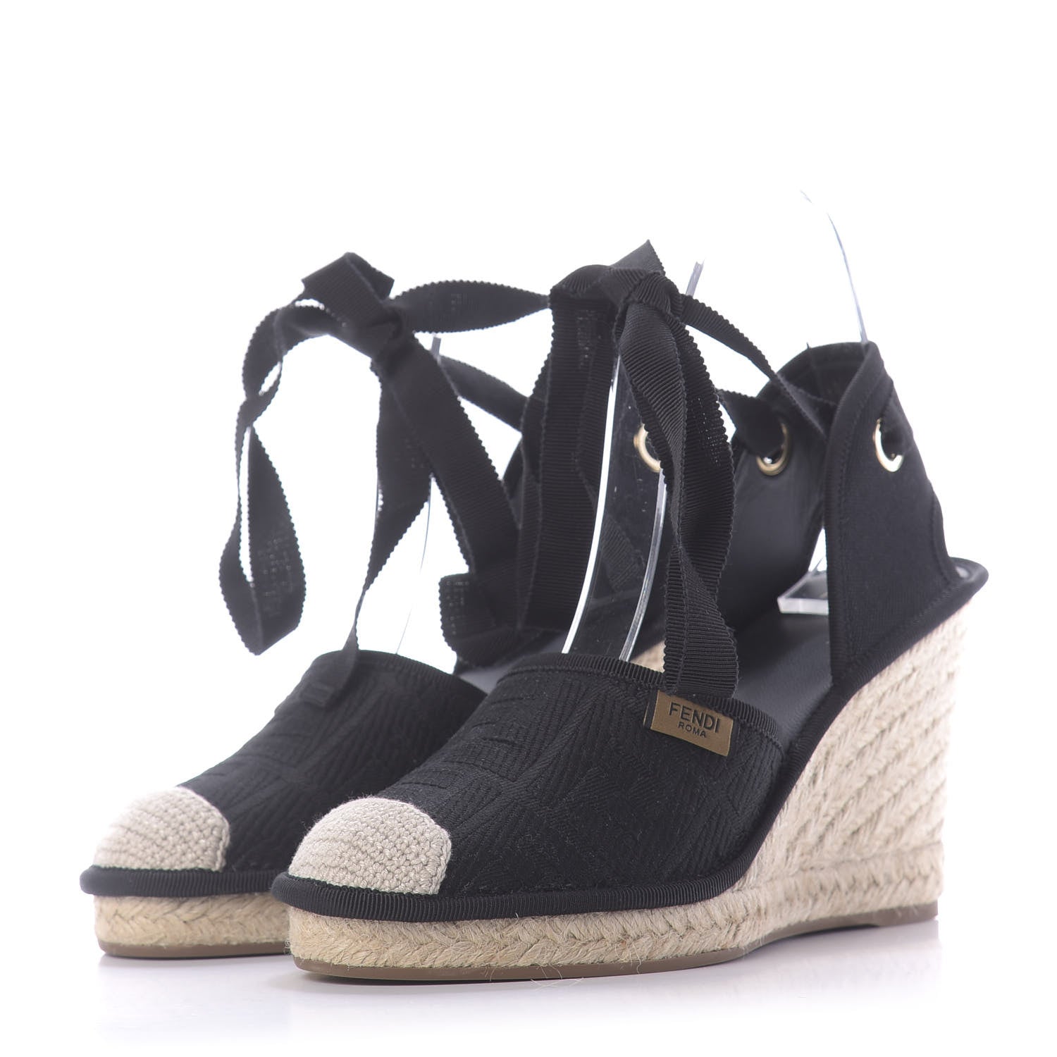Fendi Canvas FF Embroidered Roma Ankle Wrap Espadrille Wedges 38 Black 3 of 9