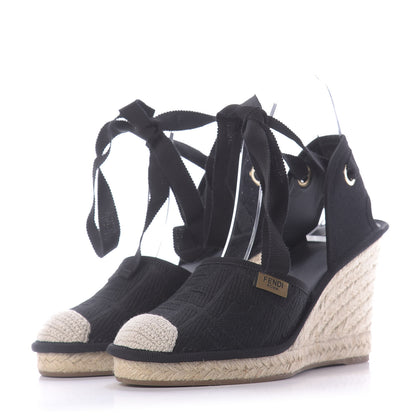 Fendi Canvas FF Embroidered Roma Ankle Wrap Espadrille Wedges 38 Black 3 of 9