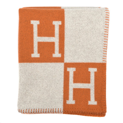 Hermes Wool Cashmere Signature Classic Avalon Blanket Ecru Potiron 1 of 3
