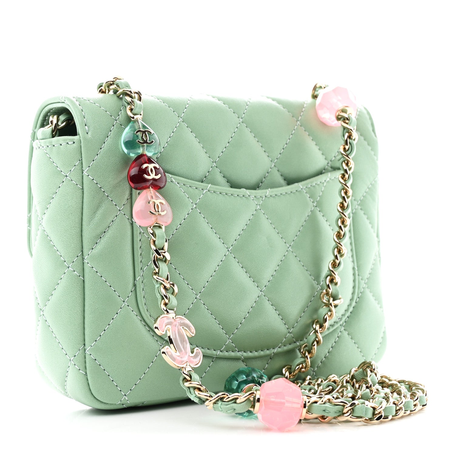Chanel Lambskin Resin Quilted Mini Heart Square Flap Light Green 3 of 11