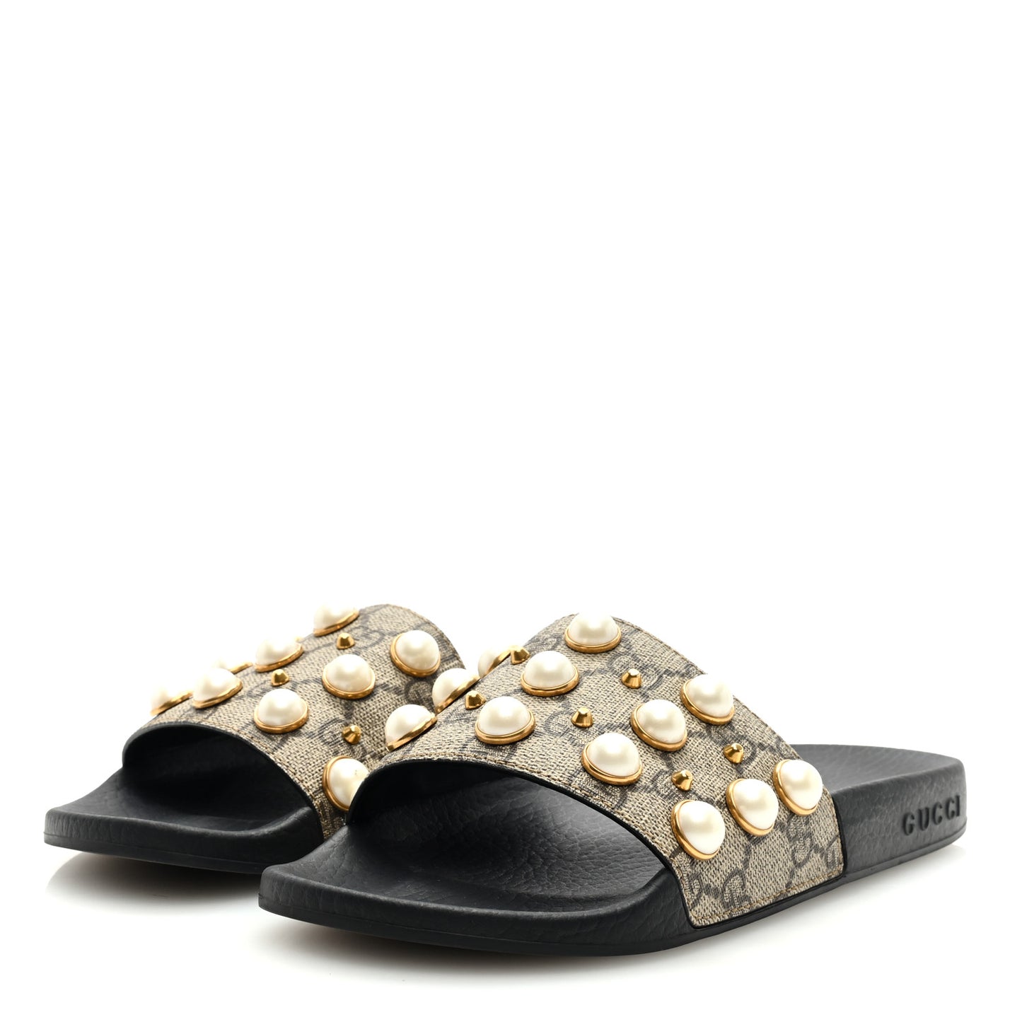 GG Supreme Monogram Pearls Slide Sandals 36 Beige
