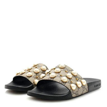 Gucci GG Supreme Monogram Pearls Slide Sandals 36 Beige 2 of 8