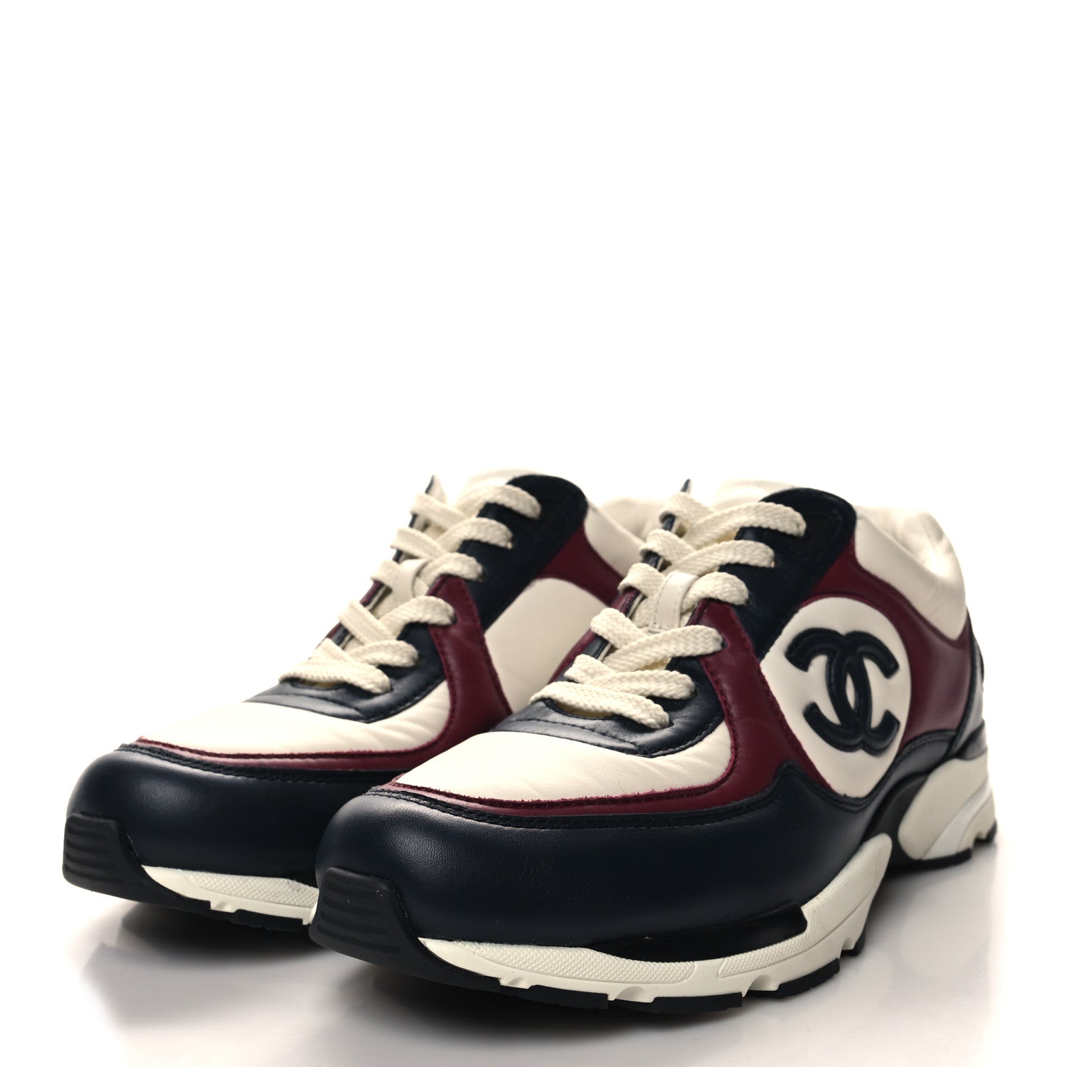 Chanel Calfskin CC Sneakers 38.5 Navy Blue White Light Burgundy 3 of 9