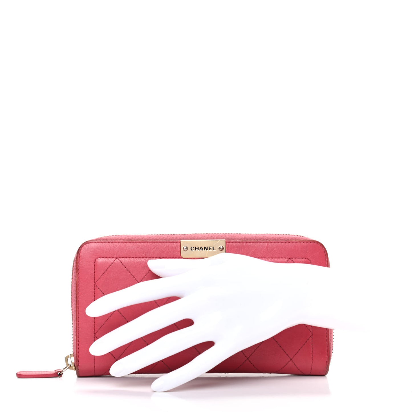 Grained Calfskin Quilted Label Zip Around Wallet Pink