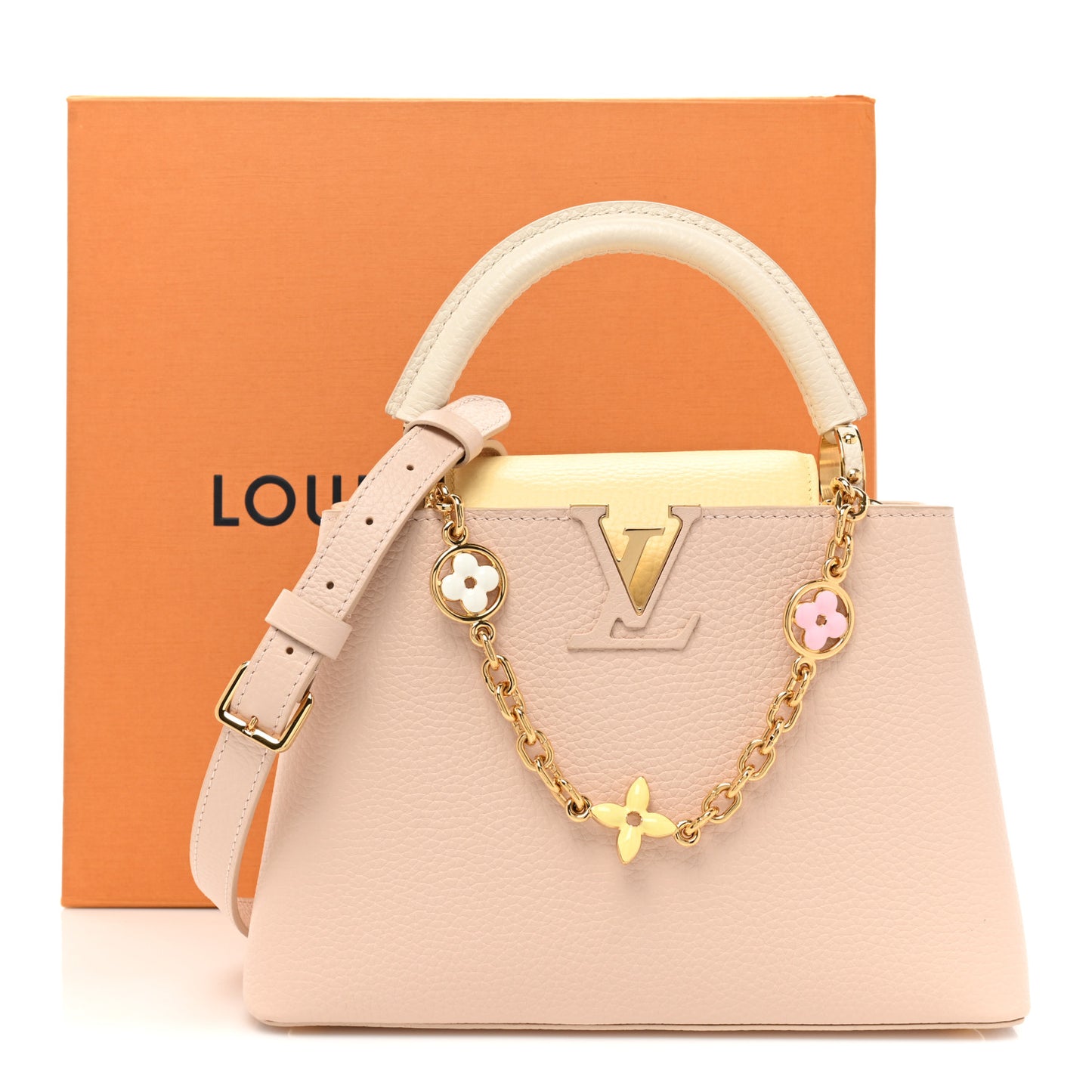 Taurillon Enamel Flower Chain Capucines BB Beige Yellow Creme