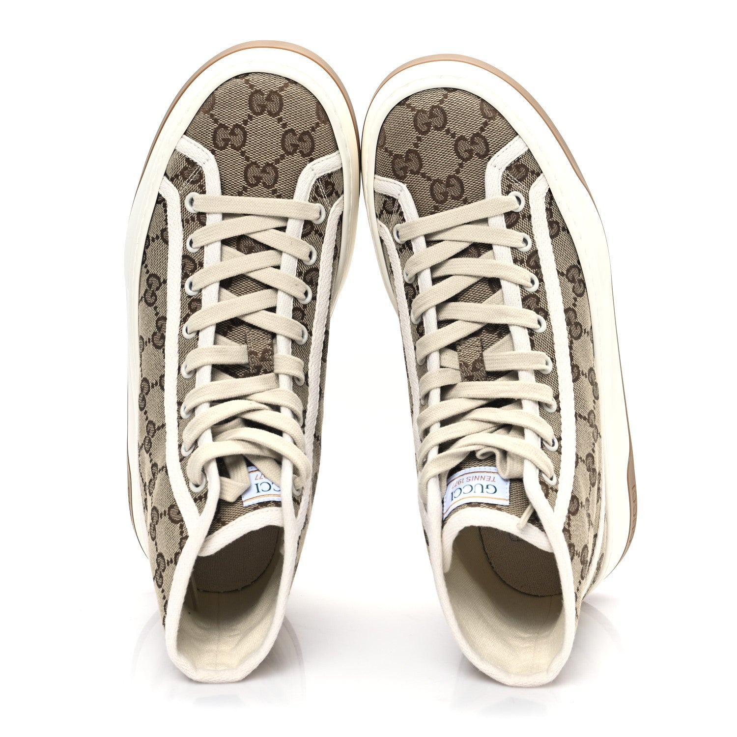 Gucci New Canvas GG Monogram Womens Tennis 1977 High Top 55mm Platform Sneakers 38.5 Beige Ebony Mystic White 2 of 9