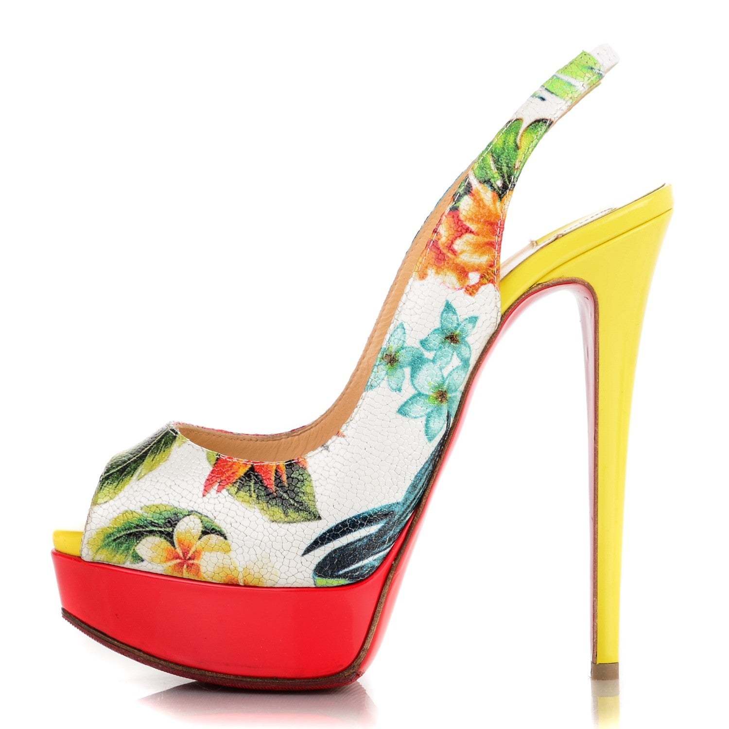 Christian Louboutin Crackled Calfskin Patent Hawaii Print Lady Peep Sling 150 Pumps 36 Version White 1 of 6