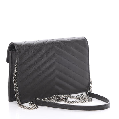 Saint Laurent Grain De Poudre Matelasse Chevron Monogram Envelope Chain Wallet Coal 3 of 11