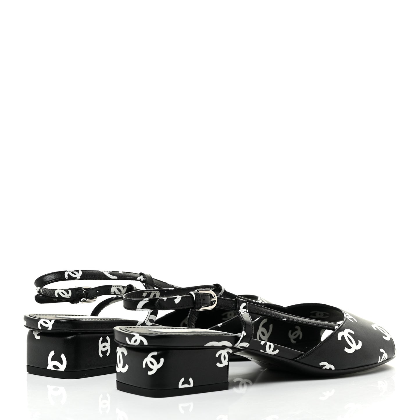 Printed Lambskin CC Slingback Sandals 40 Black White
