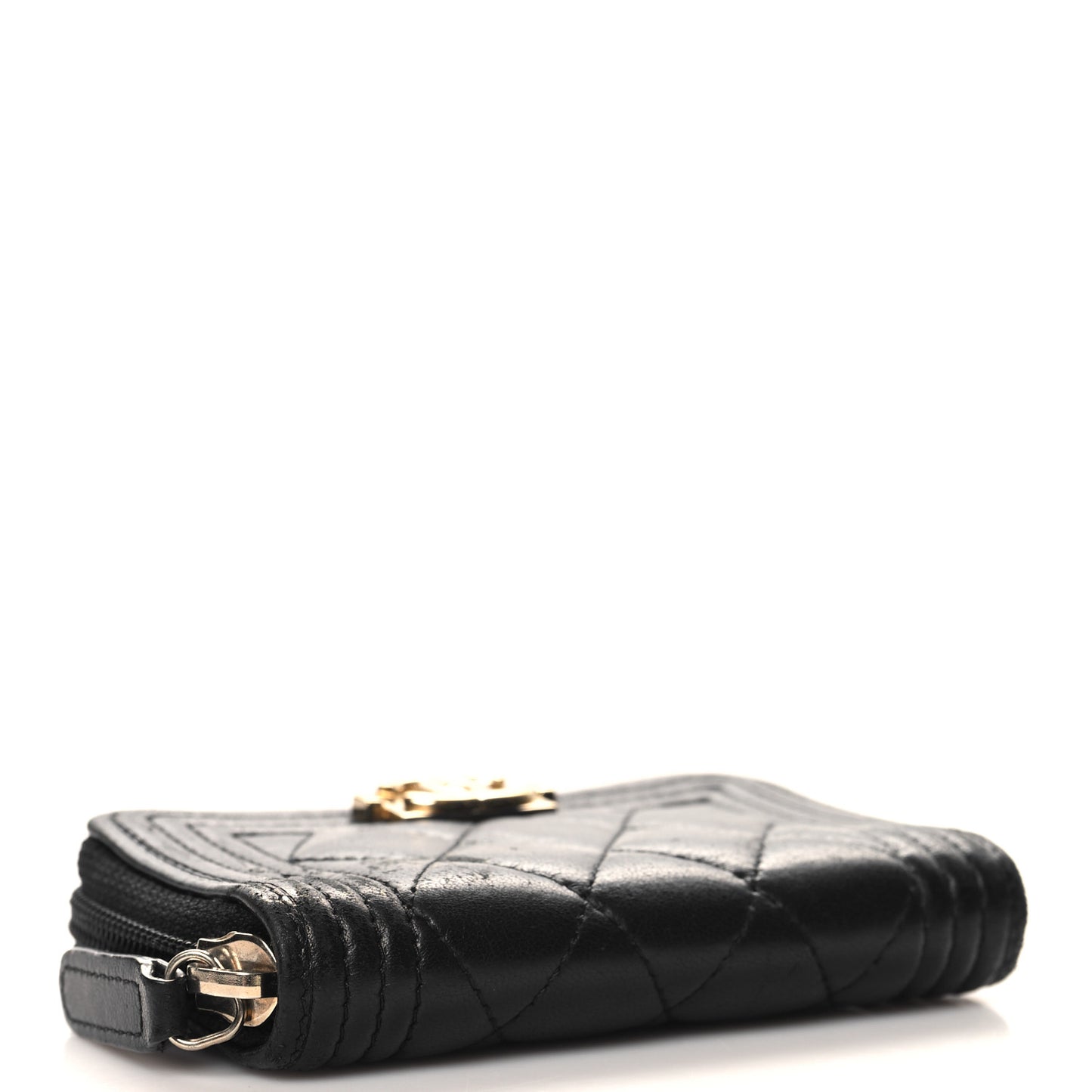 Lambskin Quilted Zip Around Boy Coin Purse Wallet Black
