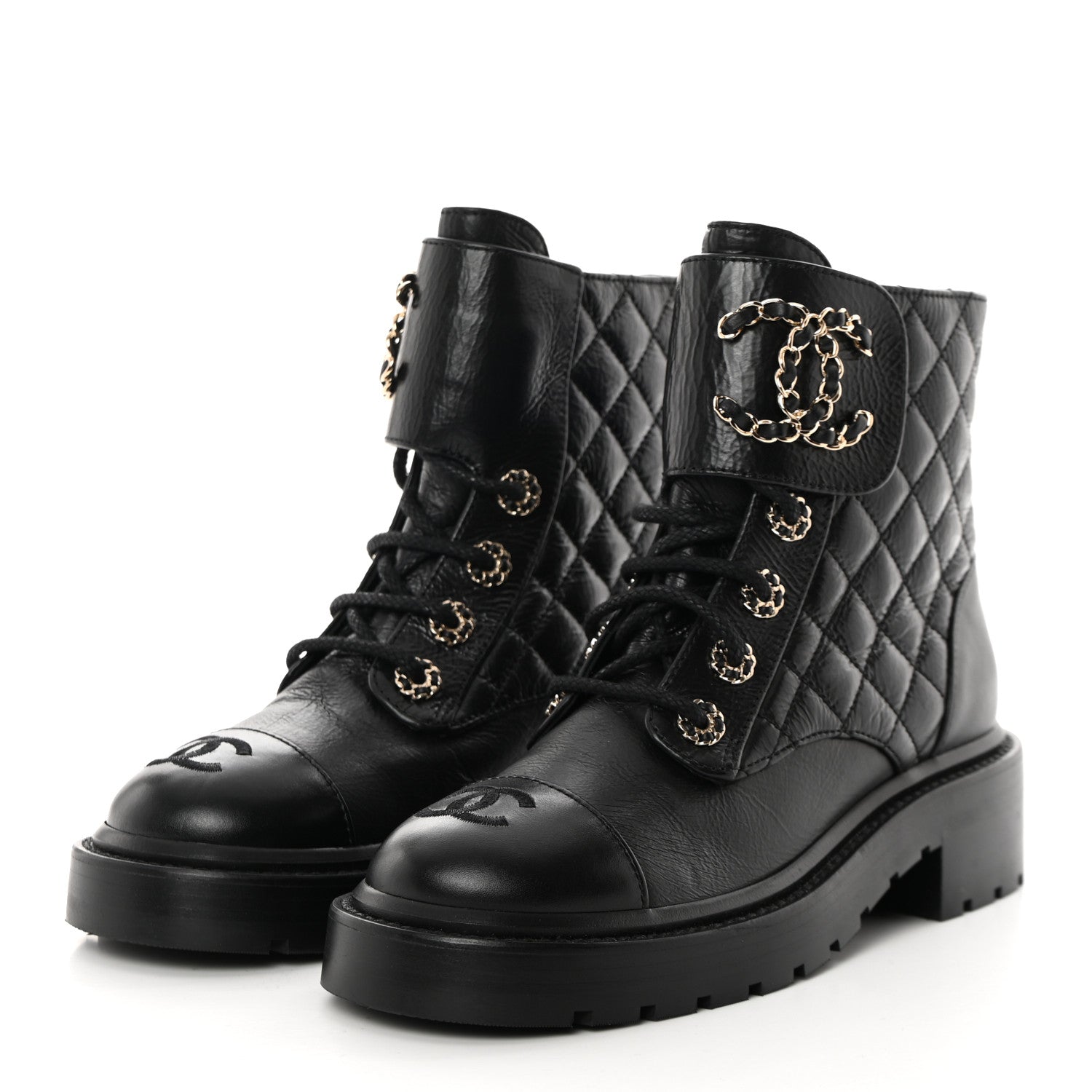 Chanel Shiny Goatskin Calfskin Quilted Lace Up Combat Boots 35.5 Black 3 of 10