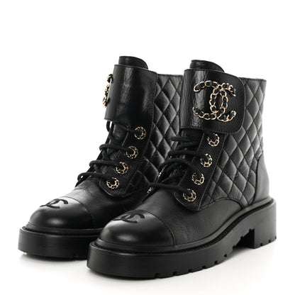 Chanel Shiny Goatskin Calfskin Quilted Lace Up Combat Boots 35.5 Black 3 of 10