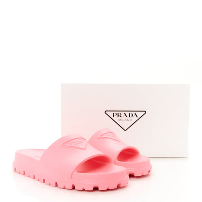 Prada EVA Rubber Triangle Logo Embossed Womens Lug Sole 20mm Slide Sandals 37 Begonia 10 of 10