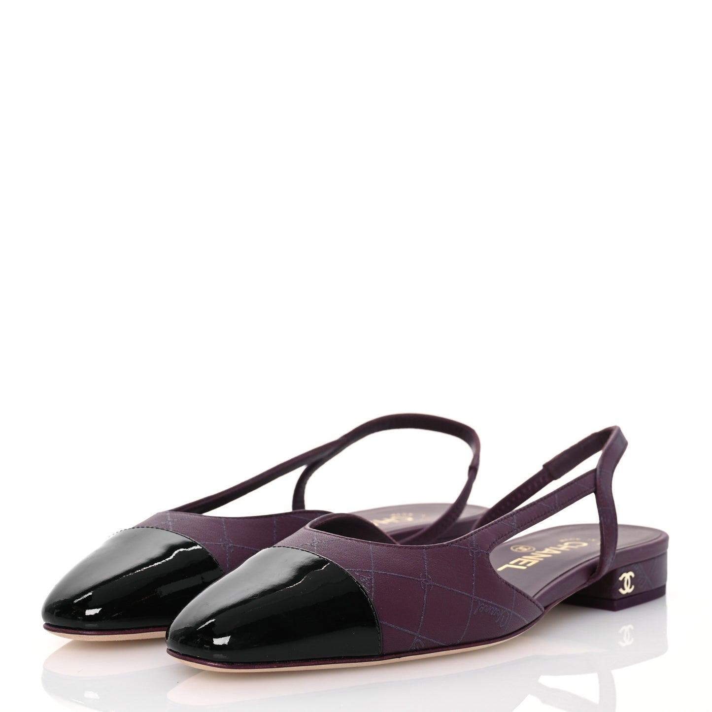 Lambskin Patent Cap Toe CC Slingback Flats 37.5 Burgundy Black