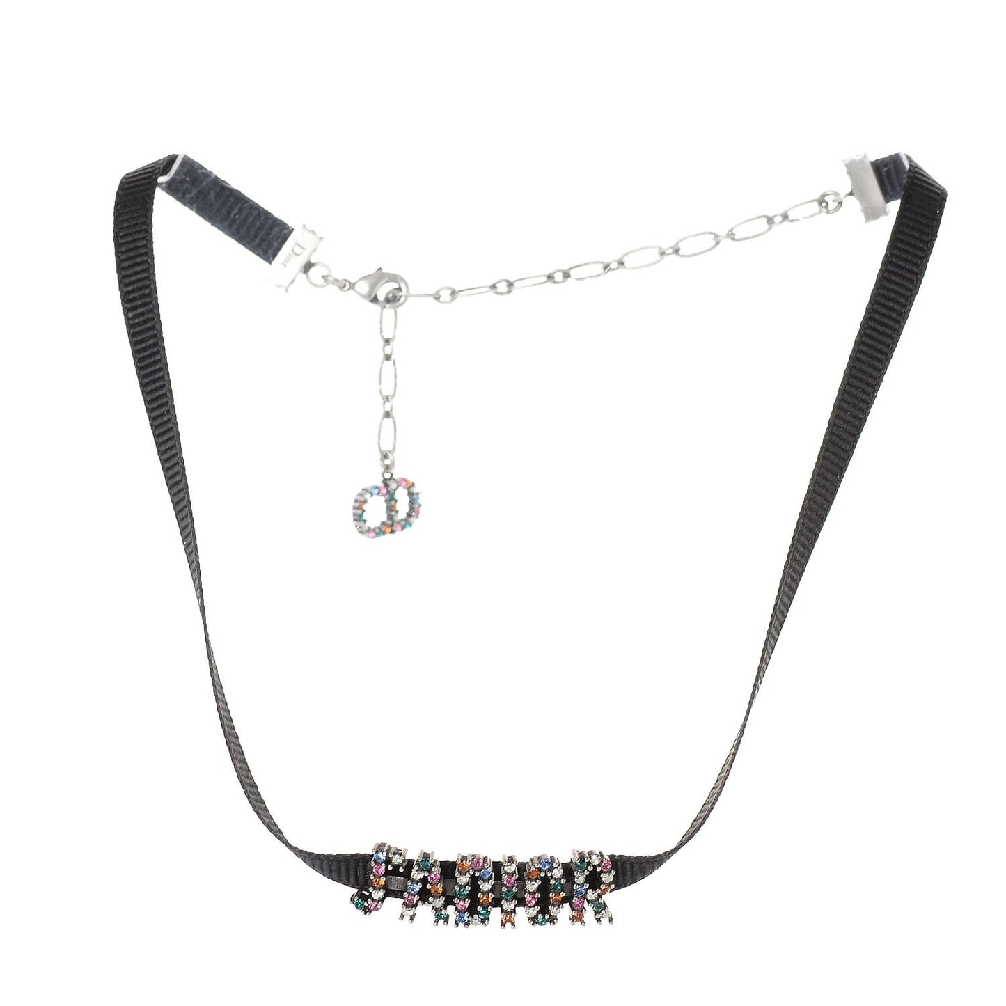 Grosgrain Ribbon Crystal J'Adior Logo Choker Necklace Multicolor