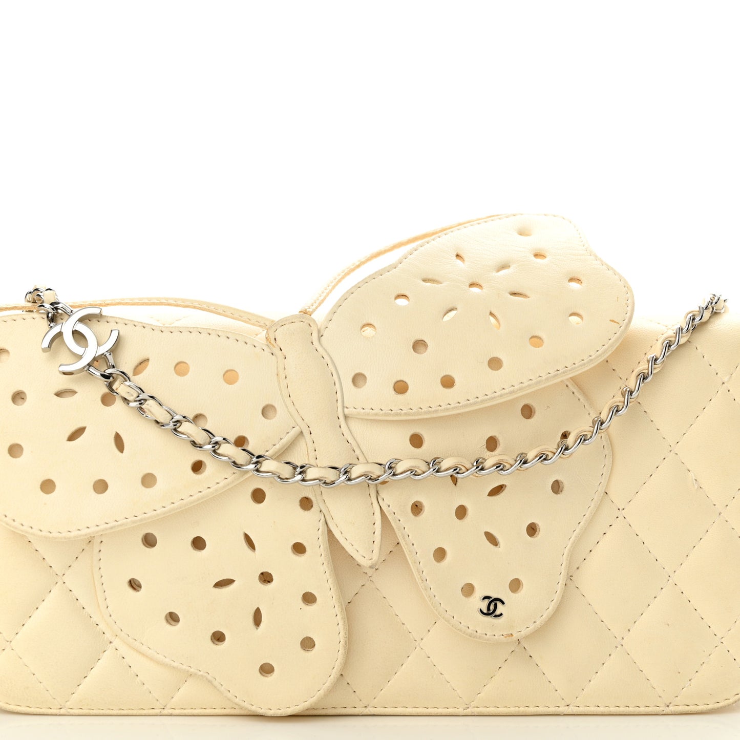 Lambskin Quilted Butterfly Chain Clutch White
