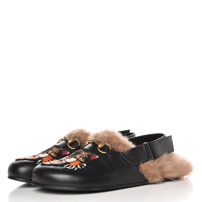 Gucci Calfskin Fur Angry Cat Mens Horsebit River Slingback Slippers 7 Black 3 of 10