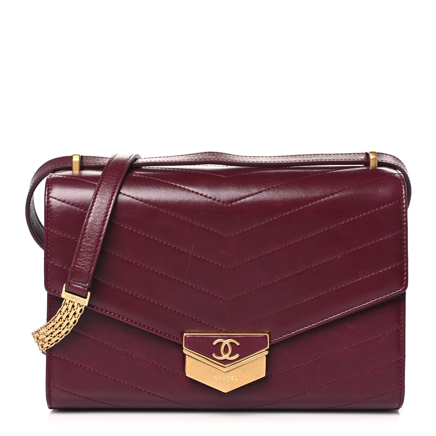 Calfskin Chevron Quilted Medal Flap Burgundy