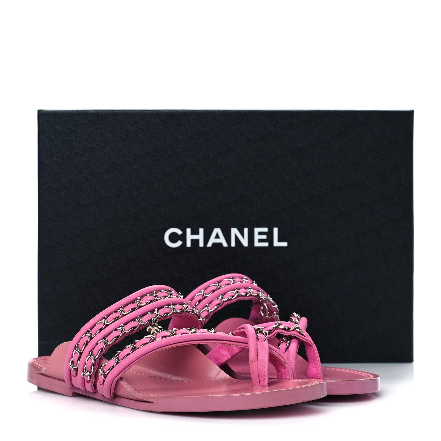 Calfskin Chain CC Thong Flat Sandals 36 Pink