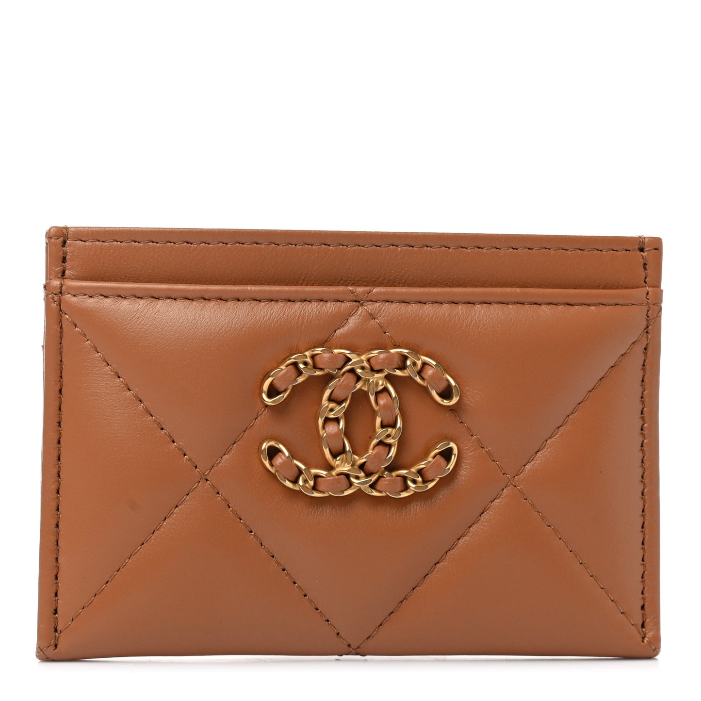Lambskin Quilted Chanel 19 Card Holder Brown