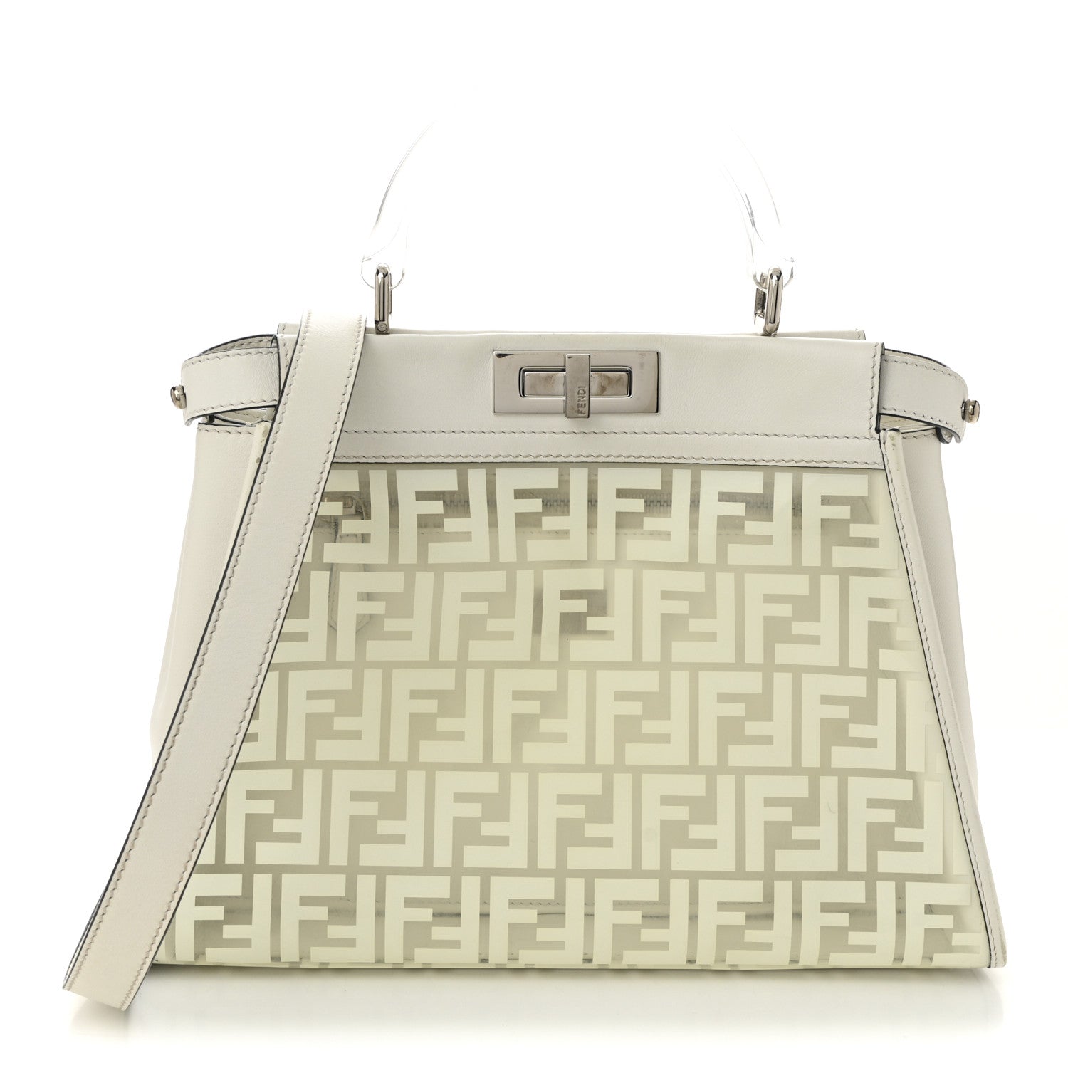Fendi PVC Glass Vitello Seta Shiny Nappa Plexiglass FF Medium Peekaboo Iconic Satchel White Ice 1 of 15