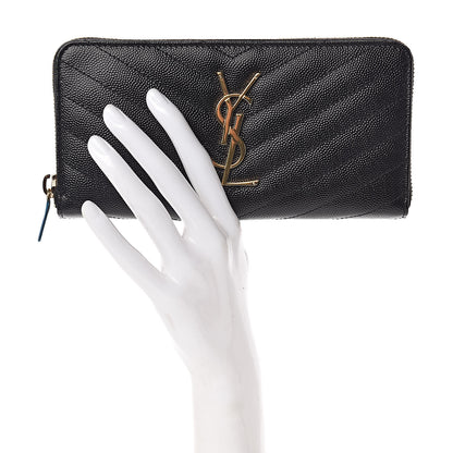 Saint Laurent Grain De Poudre Matelasse Chevron Monogram Zip Around Wallet Black 2 of 7