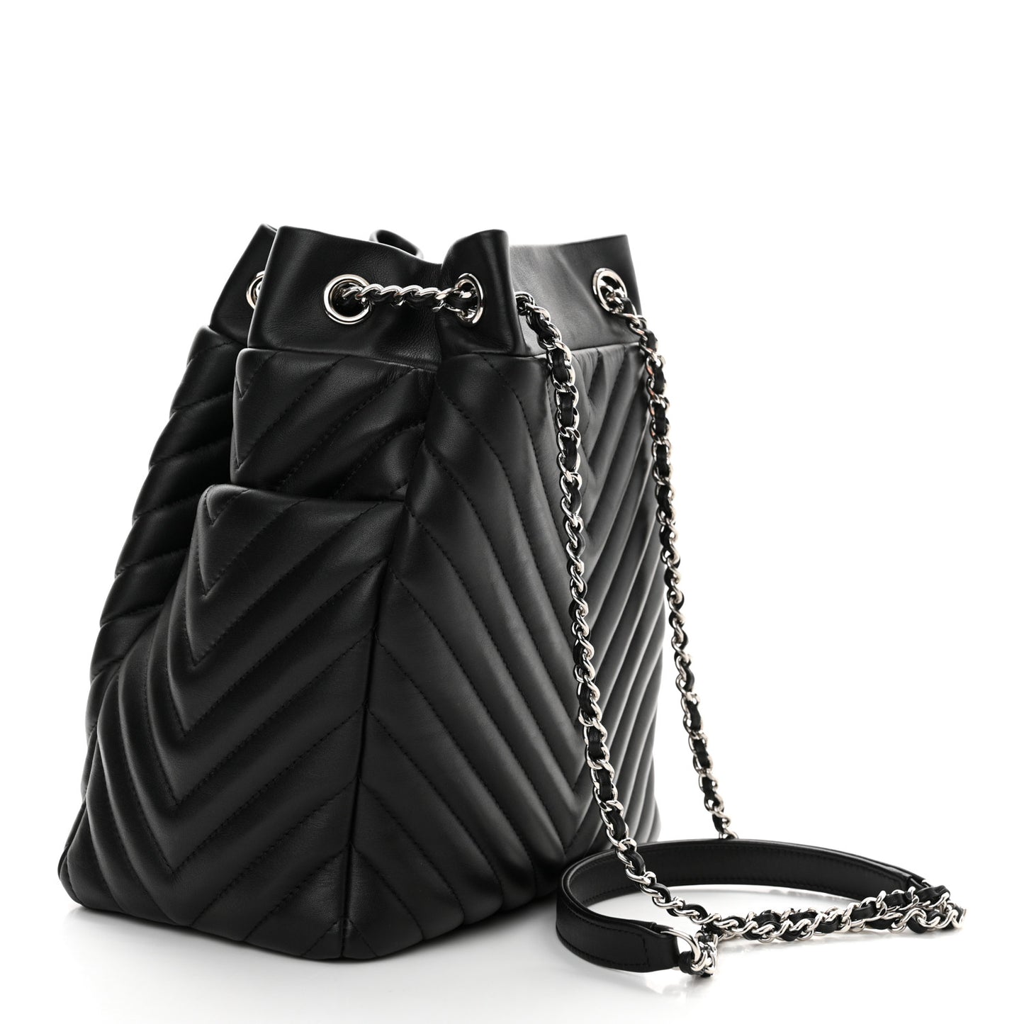Lambskin Chevron Small Urban Spirit Drawstring Bag Black