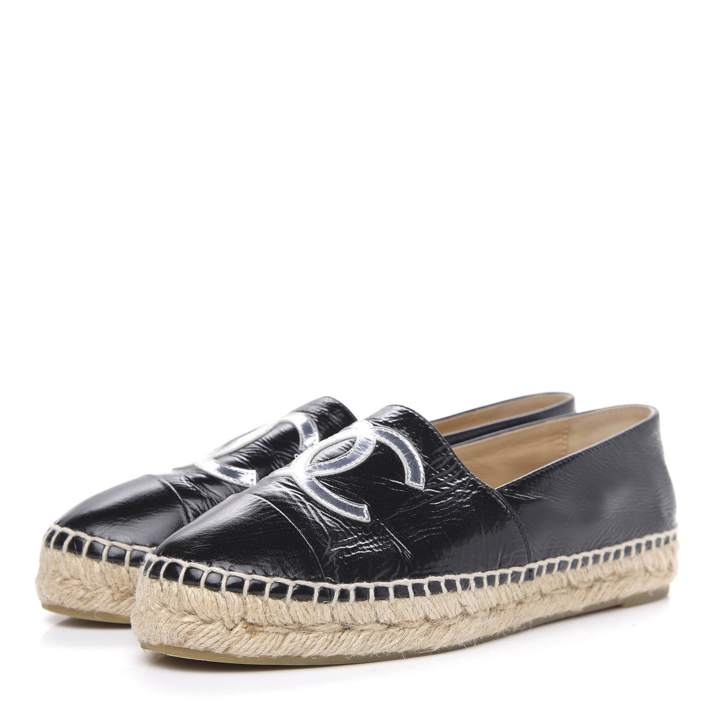 Patent Calfskin Metallic Goatskin CC Espadrilles 37 Black Silver