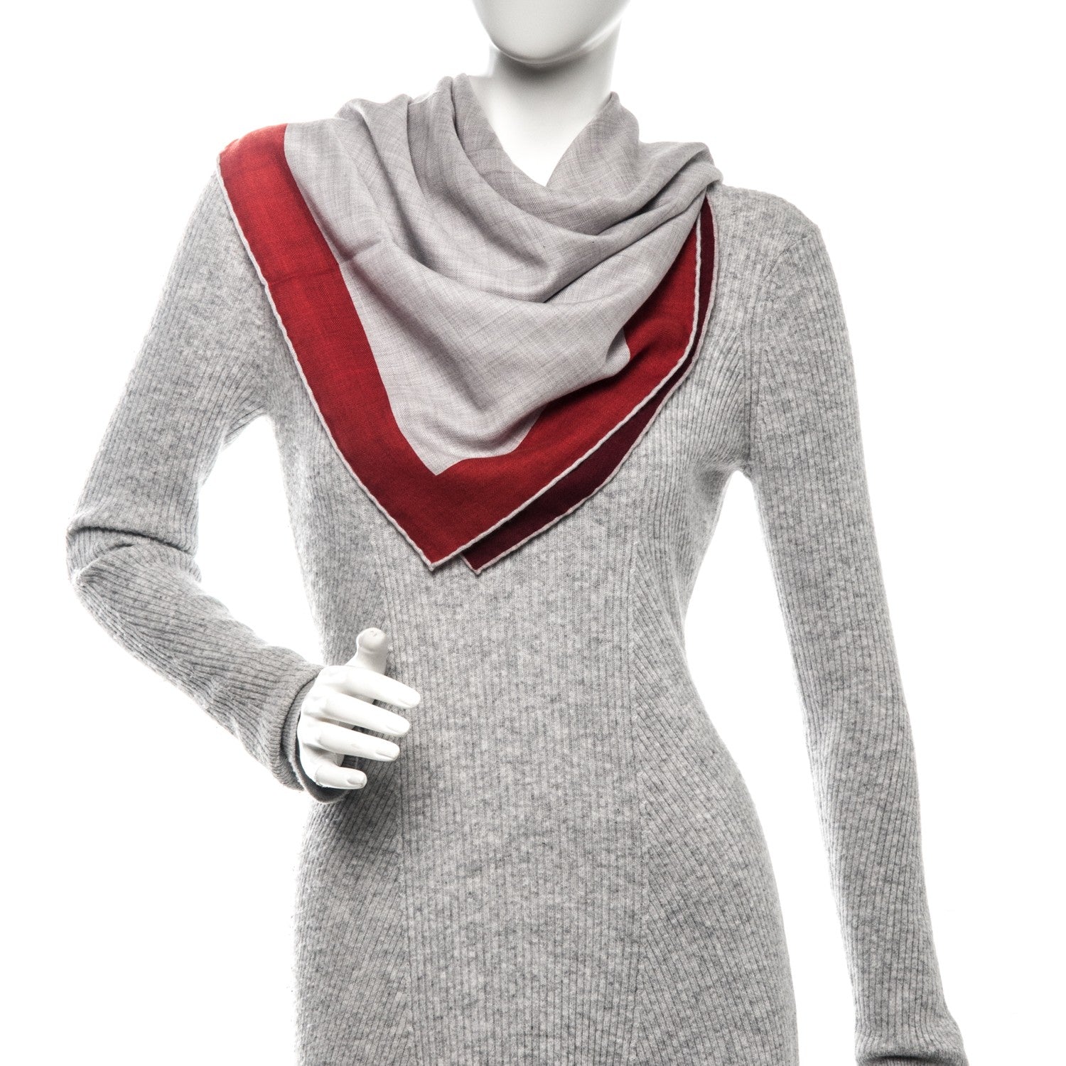 Hermes Cashmere Silk Encadre Shawl 90 Gris Clair Chine Bordeaux Rouge H 2 of 4