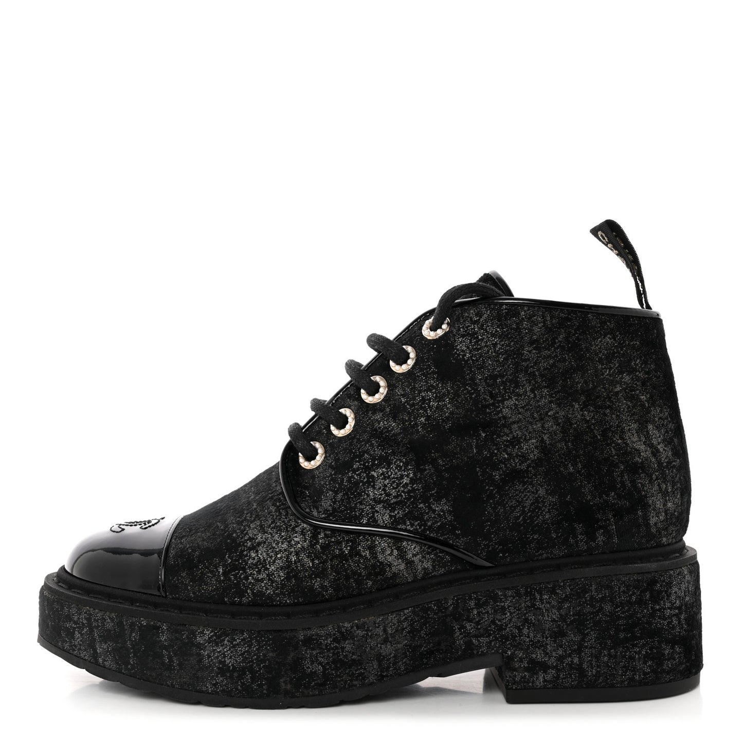 Patent Calfskin Velvet Pearl Lace Up Combat Short Boots 39.5 Black