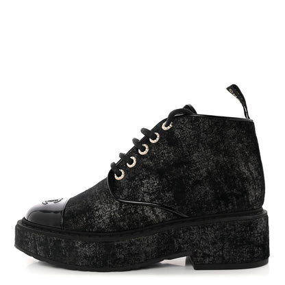 Chanel Patent Calfskin Velvet Pearl Lace Up Combat Short Boots 39.5 Black 1 of 11