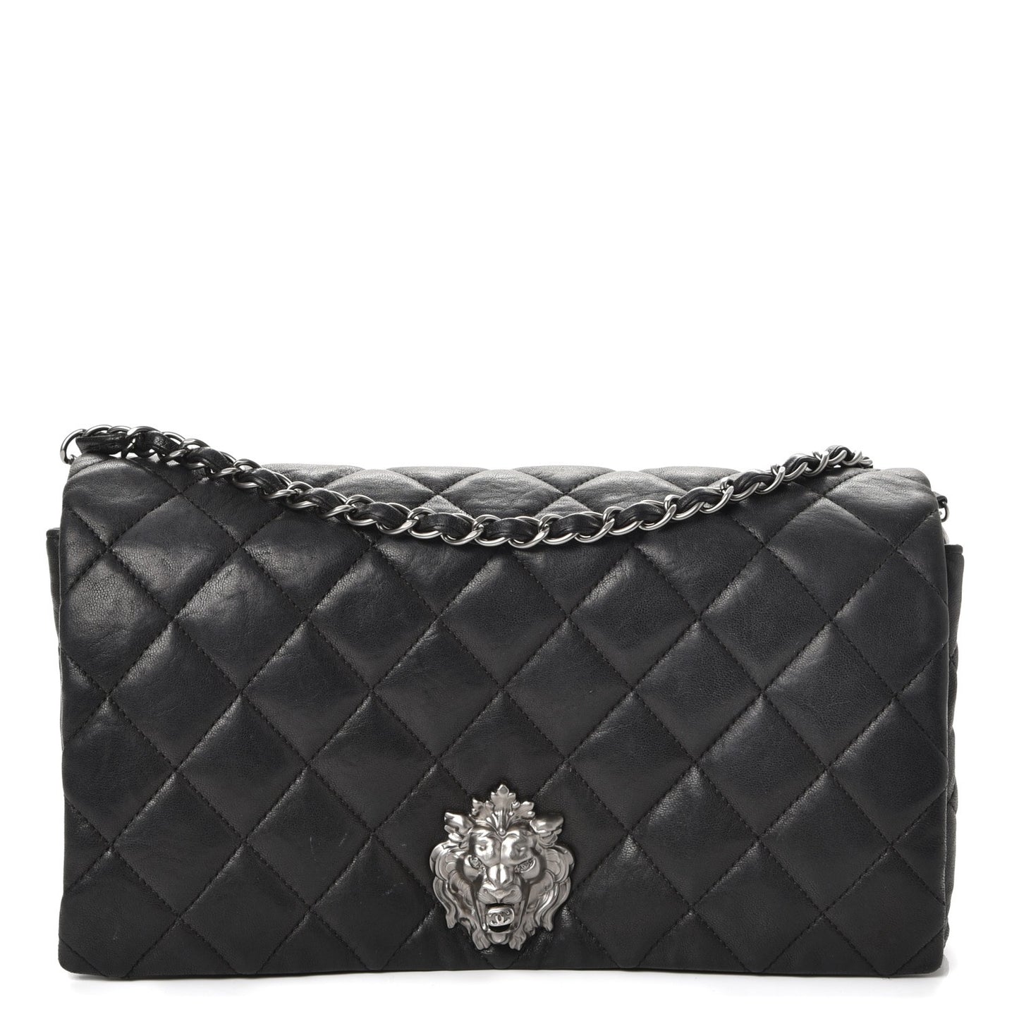 Lambskin Quilted Medium Leo Lion Flap Clutch Black