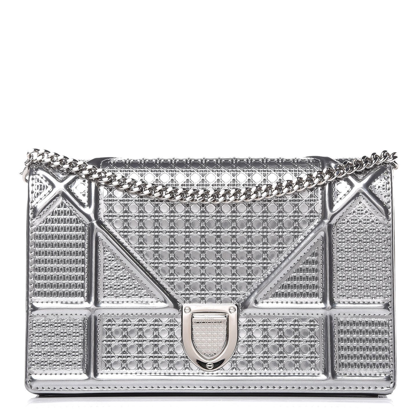 Metallic Patent Micro-Cannage Diorama Wallet on Chain Pouch Silver