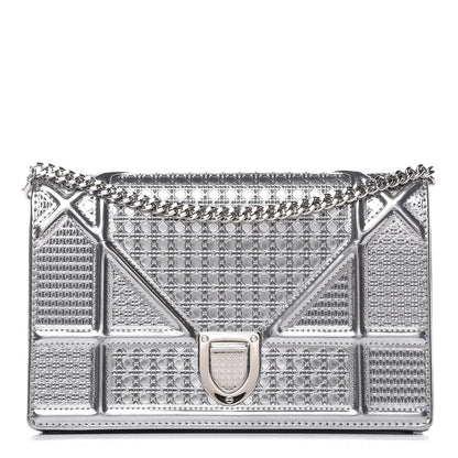 Christian Dior Metallic Patent Micro-Cannage Diorama Wallet on Chain Pouch Silver 1 of 10