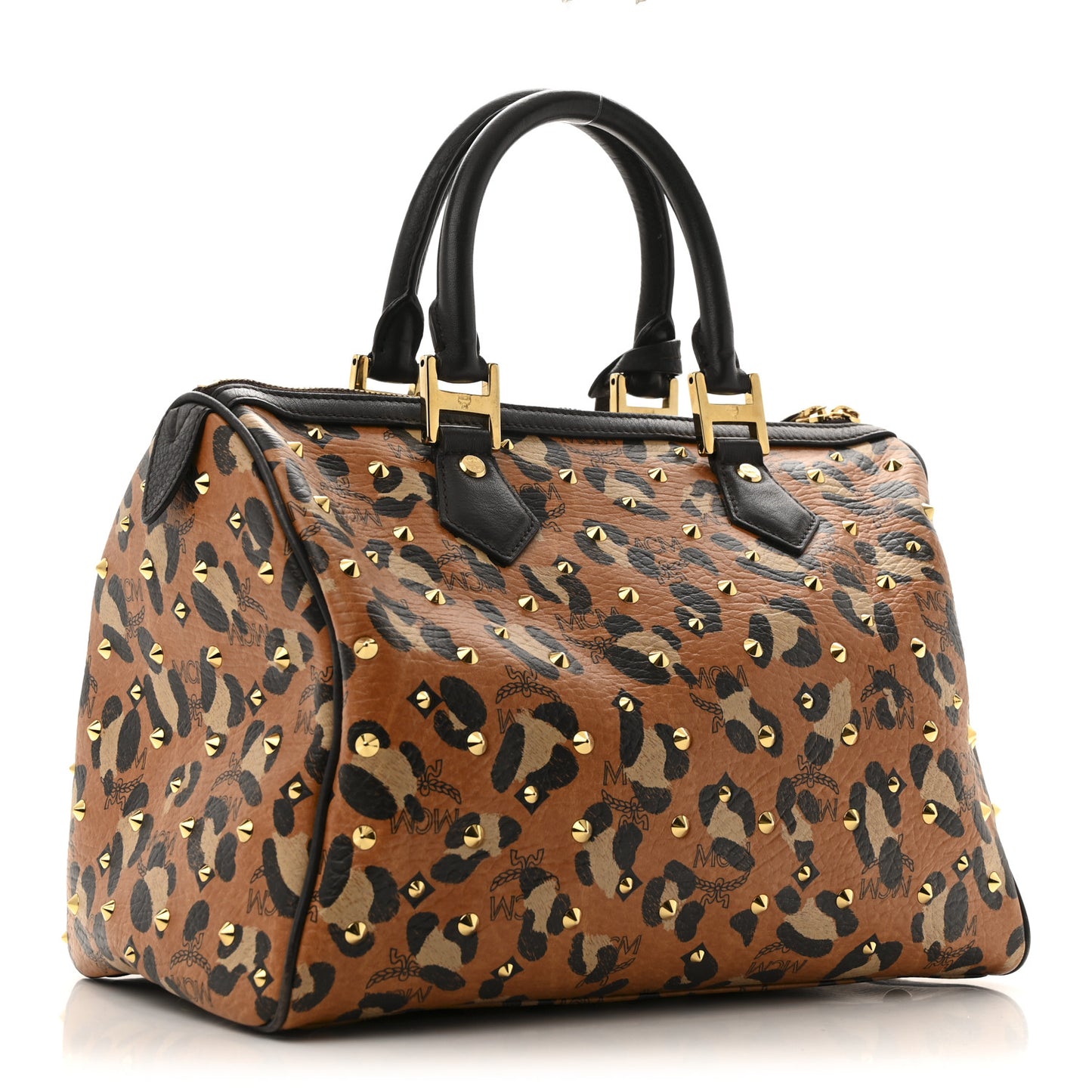 Visetos Leopard Print Boston Bag Cognac