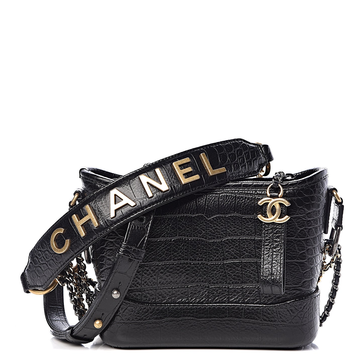 Calfskin Crocodile Embossed Small Gabrielle Cocodile Hobo Black