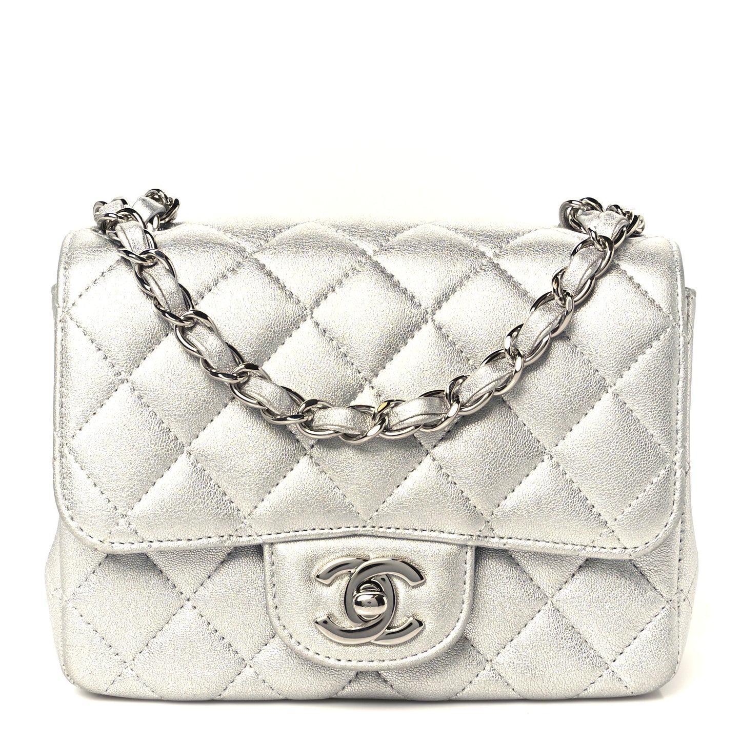 Metallic Lambskin Quilted Mini Square Flap Silver