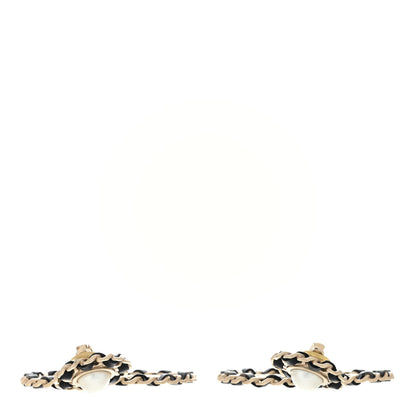 Chanel Pearl Lambskin Chain Logo Hoop Clip On Earrings Black Gold 3 of 4